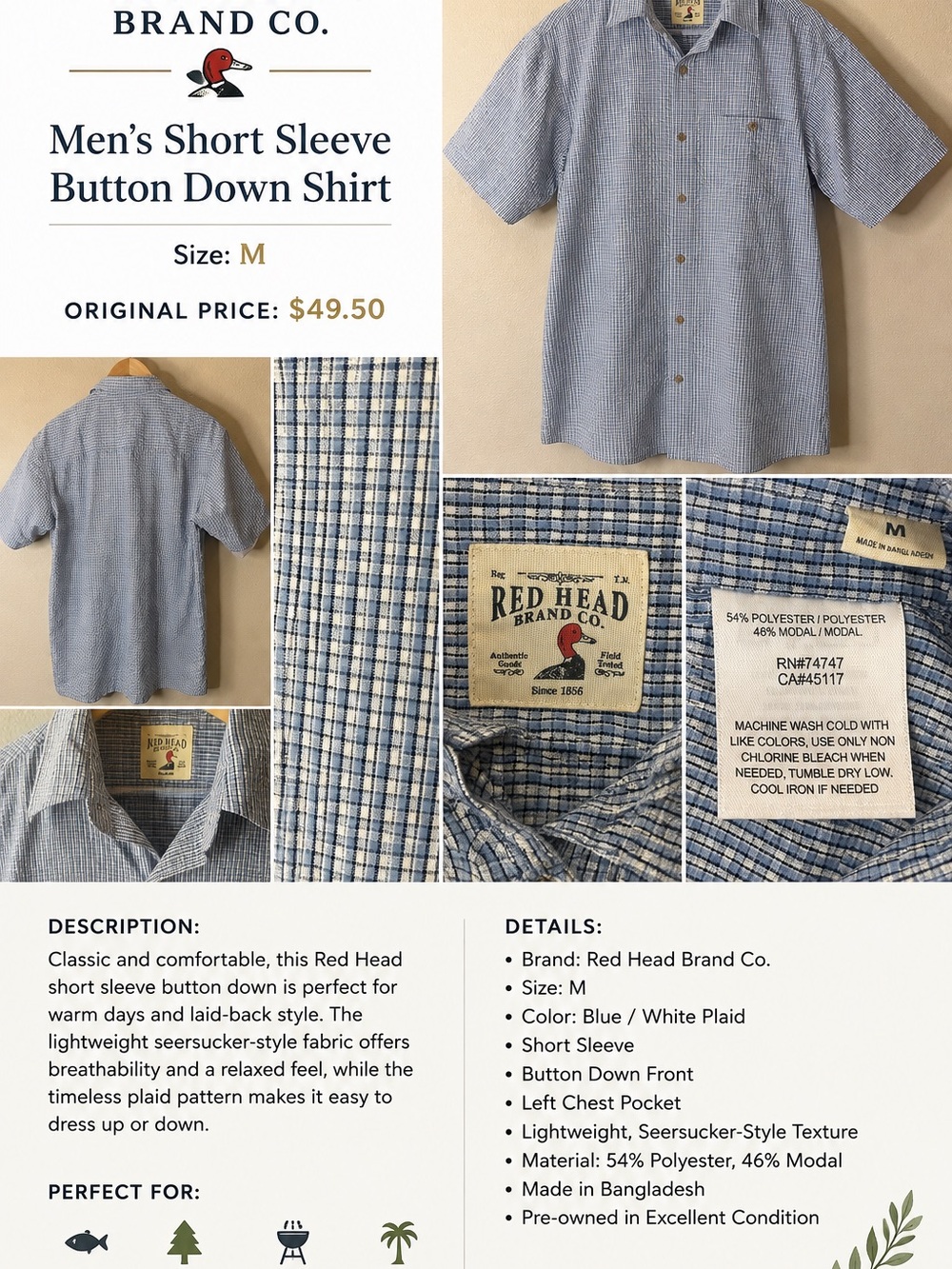 RedHead Brand Co Men’s M Blue Plaid Seersucker Textured Short Sleeve Shirt